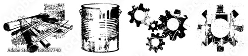 Mechanical gears, rusty pipes, metal canister, industrial machinery, vector illustration, mechanical components, factory equipment, engineering tools.