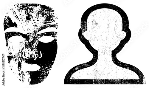 Mask symbolizing anonymity or disguise, user avatar, digital identity, privacy concept, black and white halftone graphic, vector illustration, isolated symbols.