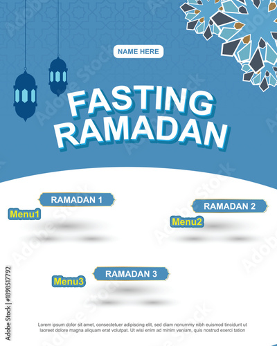 Clean blue themed Ramadan promotional social media post With lantern silhouettes and geometric star ornaments for Ramadan Celebration and breaking fast celebration events.