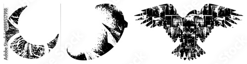Stylized moon and eagle cutouts with gritty halftone textures, graphic design elements, vector art,, isolated symbols, emblematic shapes.