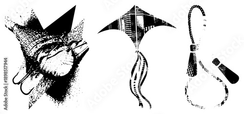 Fishing hook with fish, diamond shaped kite with tail, fishing rod with reel, halftone vector art, black and white graphic design, isolated fishing gear.