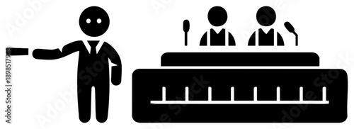 Speaker presenting to panel, podium presentation, conference discussion, business meeting, presentation scene, corporate briefing, talk show setup.