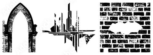 Stylized gothic archway, modern abstract, textured brick wall with bat cutout, vector art, urban motifs.