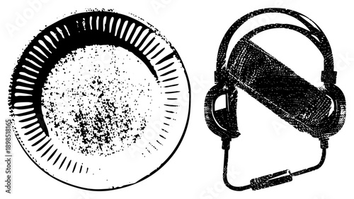 Retro equipment, stylized vinyl turntable platter and over ear headphones, halftone texture, graphic, music gear, analog sound system.