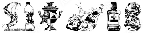 Vector illustrations of water splash, plastic bottle, samovar, crushed soda can, medicine bottle, isolated objects, black and white graphic design.