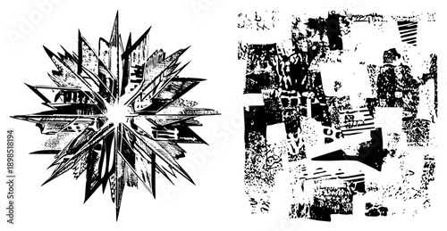 Dynamic radial burst of angular, halftone dot, graphic fragmentation, vector art, black and white composition, stylized explosion, abstract design.