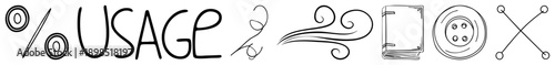 Set of stylized usage symbols including %, button, notebook, swirls, and connectors, minimalist art, design elements, graphic.