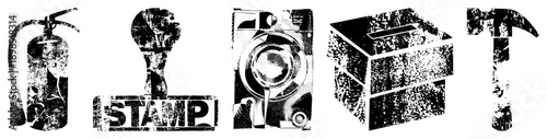 Distressed halftone vector fire extinguisher, rubber stamp, camera, tissue box, hammer gritty, textured,, isolated symbols for design.