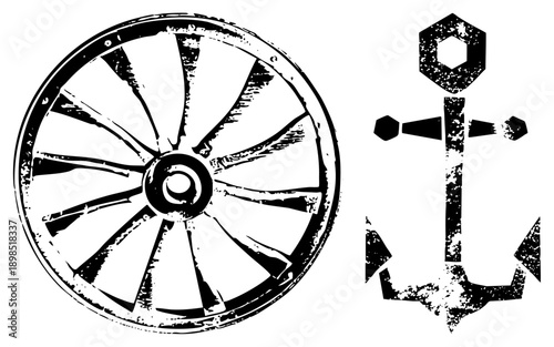 Maritime wheel and anchor, nautical emblem, ship steering gear, vessel anchor, sea travel symbols, black and white vector design.