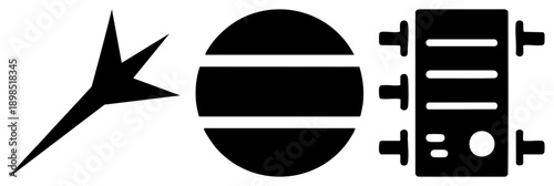 Vector graphic showing lightning bolt symbolizing speed, globe for global connectivity, server rack for data storage, all in minimalist black silhouette.