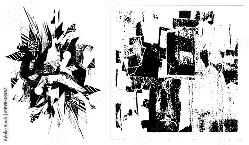 Bold graphic art with shattered geometric shapes, halftone dot, and high contrast black white composition, ideal for modern design or print.