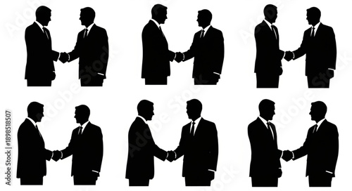 Businessmen shaking hands in silhouette multiple times.