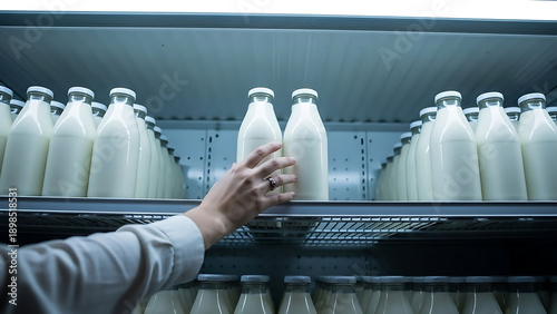 Hand reaching for milk bottles in a refrigerated display case