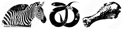 Black and white vector illustrations of zebra, snake, and chicken drumstick with distressed texture, isolated graphic elements, halftone grain effect, stylized animal silhouettes.