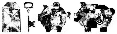 Stylized vector of envelope, key, and piggy bank rendered in halftone, graphic design elements, textures, financial and communication symbols.