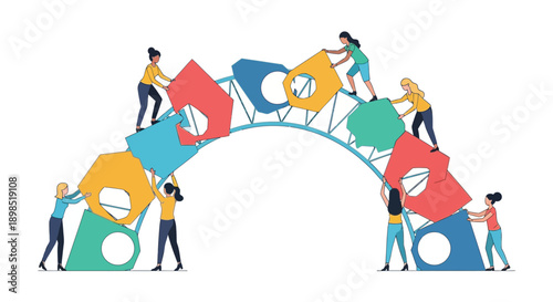 Women's Teamwork Building an Arch Bridge with Colorful Connecting Shapes. Collaborative strategy, structure, and female empowerment vector illustration.