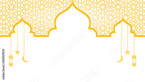 White and Gold Islamic Frame Background with Arabesque Pattern and Lanterns Suitable for Luxury Greeting Cards, Quran Quotes, and Religious Certificates