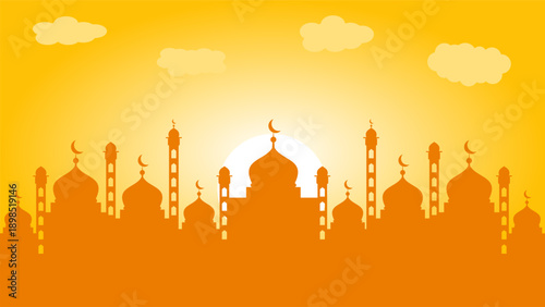 Sunset Mosque Silhouette Landscape for Ramadan and Eid Mubarak Celebration Suitable for Email Headers, Lebaran Sale Banners, and YouTube Backdrops