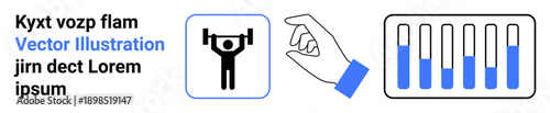 Weightlifting icon, hand gesturing precision, and test tubes emphasizing fitness, laboratory science, and analytics. Ideal for health, research, fitness, education precision healthcare or a simple