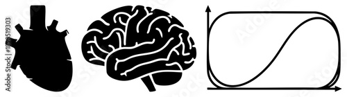 Human heart silhouette, brain with neural pathways, sigmoid growth curve representing health, cognition, and biological progression. Medical, educational, and psychological.