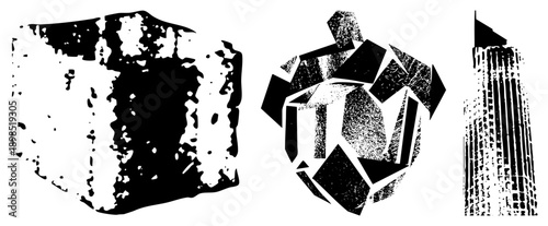 Three stylized forms rendered in high contrast halftone, featuring fragmented planes and gritty texture, vector art, graphic design elements.
