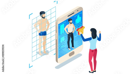 A woman virtually trying on clothes using a smartphone app