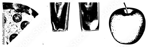 Halftone vector pizza slice w/ olives, soda glass w/ condensation, w/ stem. Textured shading. Isolated on transparent bg.