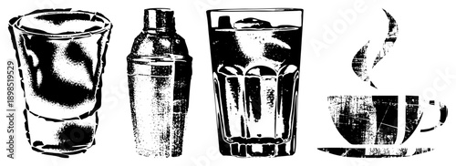 Retro halftone illustration of drinkware shot glass, cocktail shaker, highball glass with ice, coffee cup. Classic bar and cafe essentials.