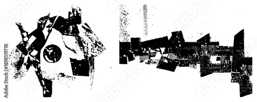 Black and white vector composition of shattered geometric shapes, halftone texture, abstract art, graphic design element, digital illustration, modern minimalism, fragmented forms.
