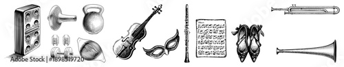 Classic instruments like violin, trumpet, flute, and masquerade mask alongside, kettlebell, and sheet music timeless symbols of art, play, and performance.