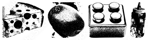 cheese with holes, kiwi fruit, remote control buttons, condiment bottle, halftone vector, food and gadget symbols.
