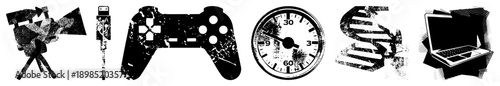 Distressed black vector of gaming controller, DNA helix, laptop, mic, USB, stopwatch gritty, textured,, tech symbols, isolated elements.