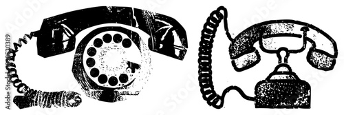 Classic analog phones, rotary dial and push button models, retro communication devices, black and white vector illustration, nostalgic tech.