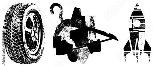 Graphic symbols featuring a tire tread, a cat with hook tail, and a ship, rendered in bold black and white with halftone texture. Vector art for design projects.