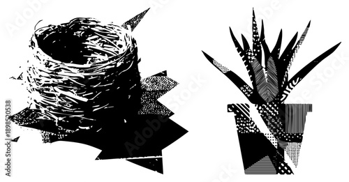 Black and white vector illustration of bird’s nest and spiky succulent in pot, halftone textures, graphic design, isolated elements, artistic composition.