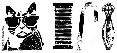 Fashionable with sunglasses, textile spool, kitchen knife, and decorative dagger, all in bold black and white vector art, urban streetwear vibe, graphic design elements.