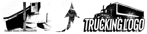 Graphic logo featuring truck, upward arrow, and bold text, trucking industry emblem, freight transport symbol, stylized typography.