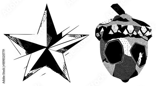Retro style star with textured shading and acorn with halftone, vector art, graphic design, illustration, isolated symbols.