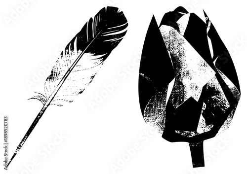 Classic feather quill pen with textured strokes, crumpled paper graphic, vintage ink writing tool, artistic sketch, design, retro typography element.