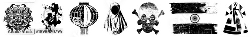 Vector cutouts of cultural symbols ornate mask, globe lantern, hijab silhouette, skull &, Indian flag, abstract garment. Isolated graphic elements for design use.