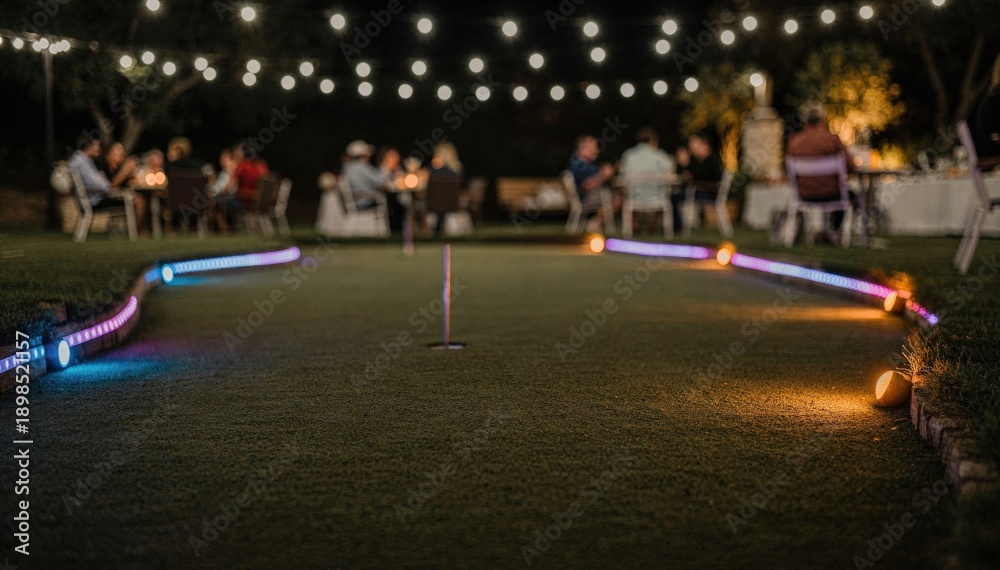 Naklejka premium Medium shot featuring a nighttime putting green with colorful path lighting and blurred background elements emphasizing a relaxed social gathering vibe.