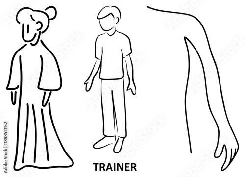 Simplified drawings of two human figures, one labeled “TRAINER,” alongside an abstract arm shape, all in clean black strokes, ideal for UI or educational design.