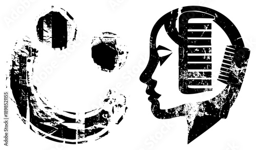 Distressed black and white vector smiling face with worn texture and side profile head with combs, stylized graphic design, punk aesthetic, isolated elements.