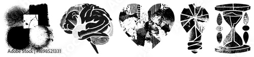 Black and white halftone vector brain, heart, lightbulb, hourglass. Graphic symbols for creativity, time, emotion, and thought. Isolated design elements.