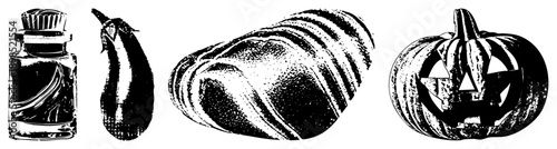 Black and white halftone illustrations of Halloween pumpkin, ink bottle, eggplant, and bread loaf, isolated vector graphics, stylized food and decor items.