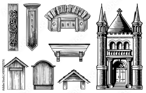 Ornate wood carvings, doorways, decorative beams, Gothic entrance, vector illustration set, architectural motifs, historical design elements.