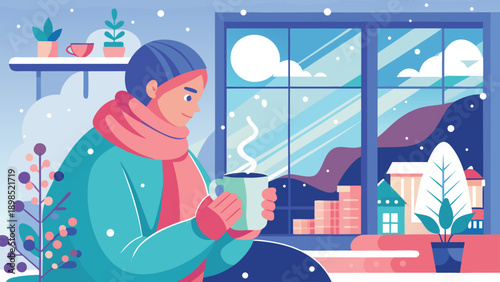 A person enjoys a warm beverage while relaxing in a cozy winter setting, perfect for illustrating relaxation, comfort, and tranquility.
