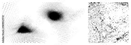 Vector halftone graphics using dot density gradients, visual texture, design, artistic abstraction, print simulation, typographic effect.