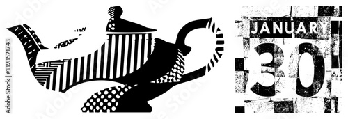 Classic genie lamp with striped and dotted textures, paired with distressed calendar date, retro graphic design, black and white vector art.