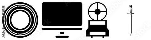 Circular gear, monitor screen, fan unit, and dagger blade all rendered as clean vector silhouettes, isolated symbols for UI or infographic use.